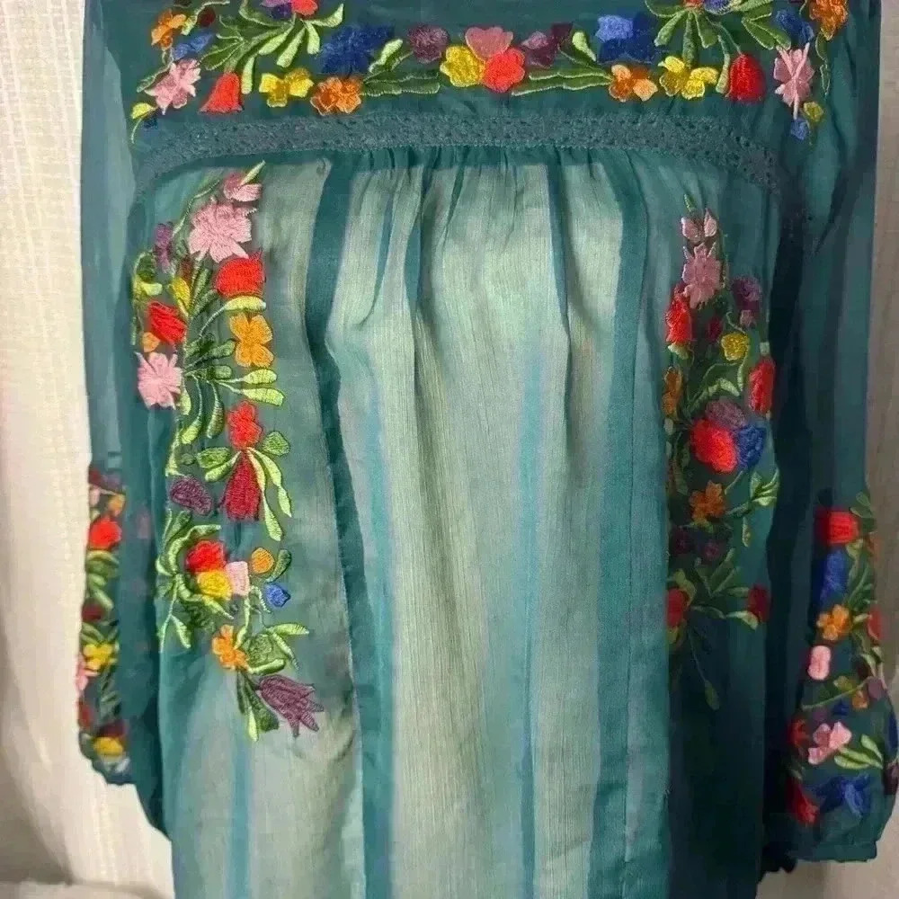 Anu Gorgeous Women’s Turquoise L/S Rayon Chiffon Embroidered Sheer Large Top - Picture 3 of 14